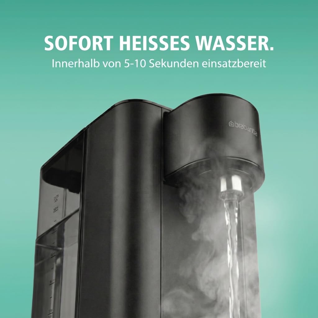Brabantia Heißwasserspender, 2,5 Liter, 2600 Watt, 100°C, Abnehmbarer Wassertank, Heißes Wasser in 5–10 Sek., Instant-Wasserkocher, Entkalkungsanzeige, Einfache Bedienung, Schwarz, BBEK1103