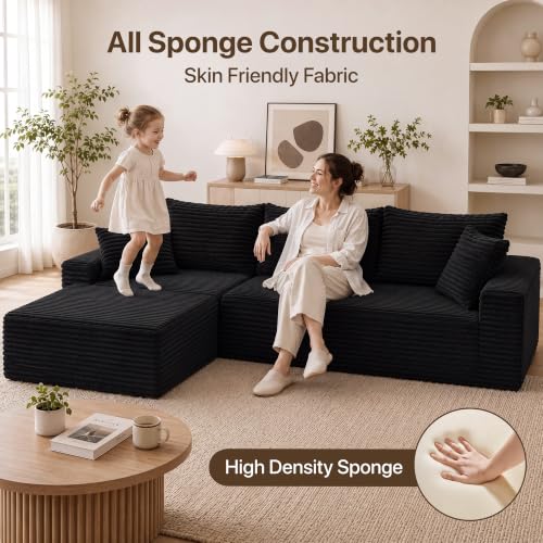 Image of Claiks 104 inch Boneless Couch, L-Shape Corduroy Sectional Sofa, Black