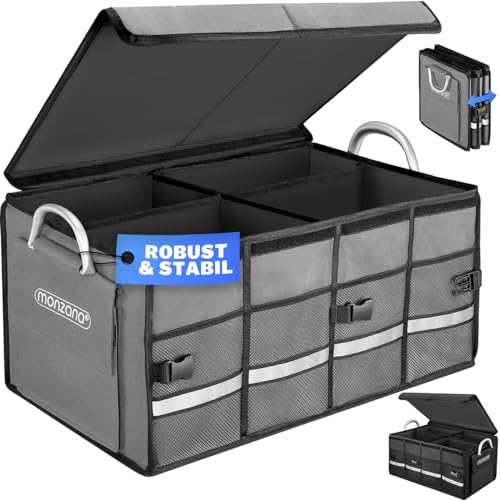 MONZANA® Kofferraum Organizer Deckel 68L Trennwände Wasserdicht Faltbar Verstärkte Wände rutschfest Kofferraumtasche Kofferraumbox Autotasche Grau