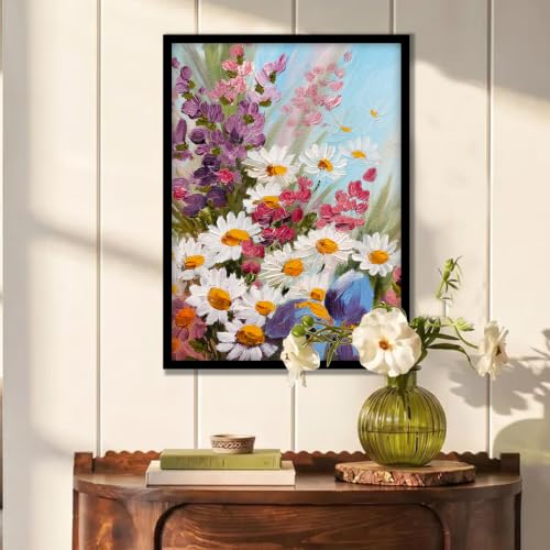 Image of PAINTINGMANTRA White Sunflowers Floral Framed Wall Art Painting for wall decoration, Multicolour MultiFlowers Poster with frame for living room, bedroom, Home and Office, 13x18 Inch