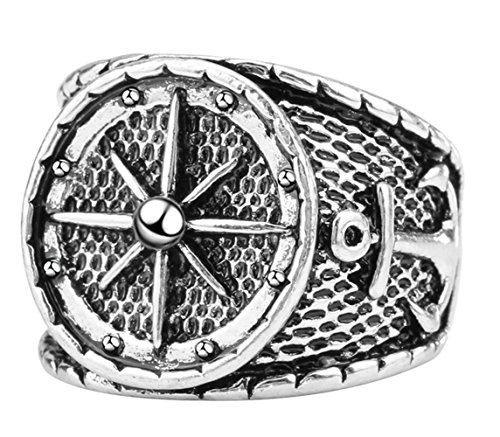 Greendou Fashion Jewelry Men's 316L Stainless Steel Black Silver Vintage Anchor Nautical Compass Ring (9) #TOP1