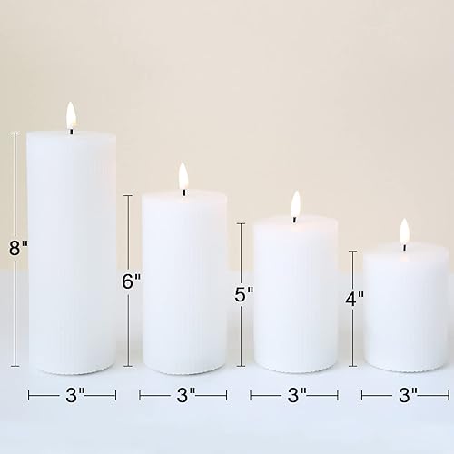 Miniatura 2 de Velas de pilar sin llama acanaladas blancas con control remoto, juego de 4 velas LED parpadeantes con parte superior plana, 3 pulgadas de alto, 4