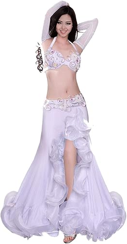 ROYAL SMEELA Conjunto de disfraz de danza del vientre para mujer, faldas de danza del vientre, brasier y mangas de cinturón, traje profesional, 4