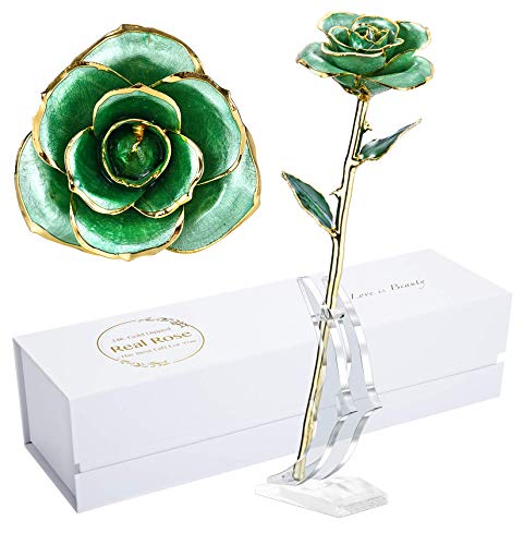 Image of Gift for her Rose, 24k Golden Rose Made from Real Rose Great Gifts for her and Best Gifts for Wife, Green with Stand
