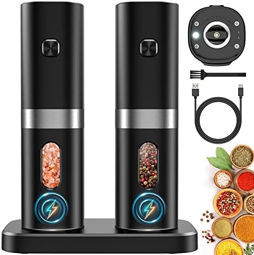COSYAIREY Electric Salt and Pepper Grinder Set, 𝟮𝟬𝟮𝟯 𝙉𝙚𝙬 Rechargeable Salt and Pepper Mill with Charging Base, White LED Light, One Hand Automatic Operation, Adjustable Coarseness, Black, 2Pack
