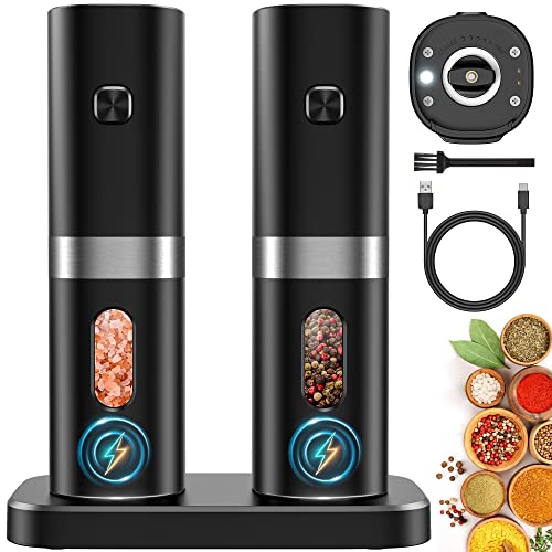 Cosyairey Electric Salt And Pepper Grinder Set, 𝟮𝟬𝟮𝟯 𝙉𝙚𝙬 Rechargeable Salt And Pepper Mill With Charging Base, White Led Light, One Hand Automatic Operation, Adjustable Coarseness, Black, 2Pack #TOP27