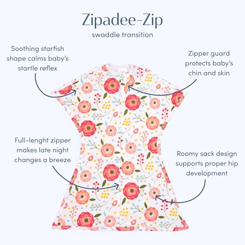 Image of SleepingBaby Zipadee-Zip Transition Swaddle - Cozy Baby Swaddle Blanket with Zipper Convenience - Roomy Wearable Blanket for Easy Diaper Changes - Pretty Pink Poppy, Medium (6-12 Month)