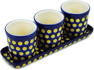 Polish Pottery 12-inch Set of 3 Planters Made by Ceramika Artystyczna (Yellow Dots Theme) + Certificate of Authenticity