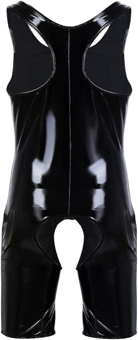 Kaerm Men Metallic Patent Leather Jockstraps Leotard Bodysuit Zipper Wrestling Singlet Catsuit