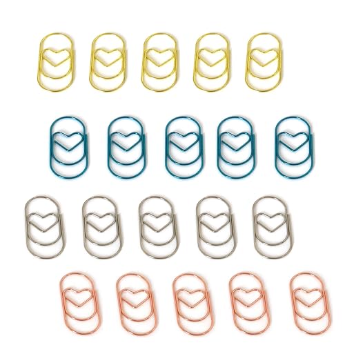 ペーパークリップ 20個4色 ゼムクリップ 愛心 ページクリップ ブックマーク 金属製 オフィス 文房具 書類整理 招待状 ブック メモ帳用 付箋 手紙(愛心 5*2.5cm)