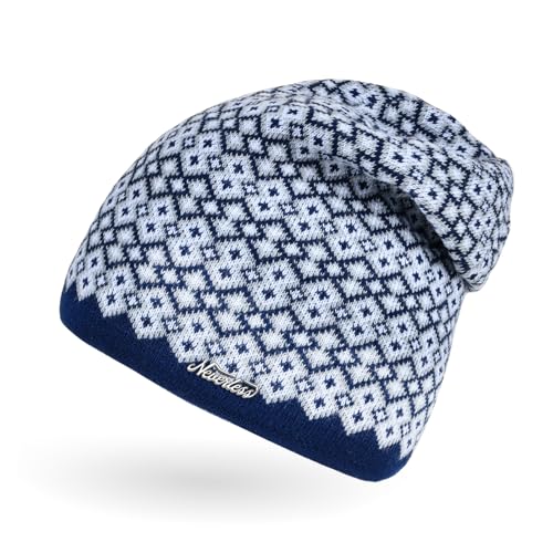 Neverless® Damen Strick-Mütze Beanie gefüttert Fleece Innenfutter Winter-Mütze Rautenmuster Navy Unisize