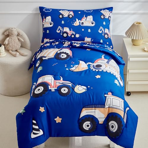 Construction Toddler Bedding Set for Boys,4 Pieces Blue Toddler Comforter Set,Truck Vehicles Excavator Cars Printed,Soft Crib Bed Sheets Set Includes Comforter,Flat Sheet,Fitted Sheet and Pillowcase by JHCHMX - Used condition - US$28.21