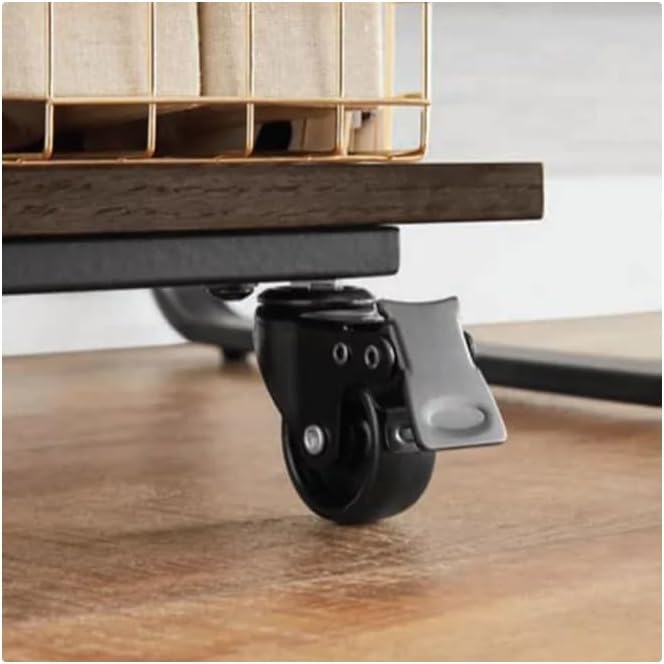 Close-up of a C-table caster with a locking brake engaged