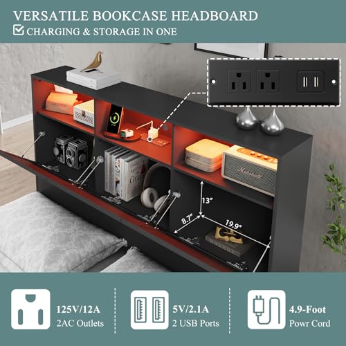 Image of 3 Pieces Bedroom Set, Queen Size Bed Frame with Storage Headboard, 44 inch Tall 6 Drawer Dresser, Nightstand with Charging Station, Black
