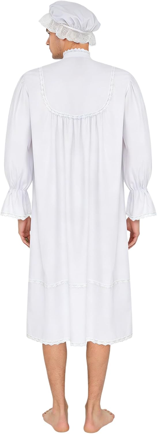 Freebily Adult Victorian Pajamas Set for Men Style Nightdress with Sleeping Cap Lace Up Kaftan Thobe