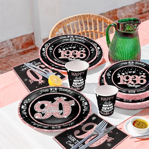 Image of 90th Birthday Decorations Rose Gold, Service for 30, Vintage 90th Birthday Party Supplies Includes Rose Gold 1936 Plates, Napkins,Cups, Plates and Napkins for Women