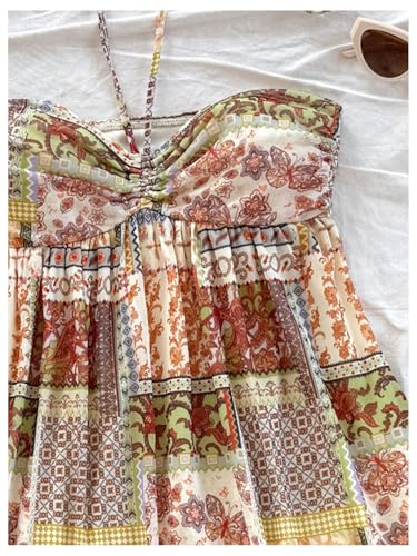 Women's Boho Graphic Ruffle Hem Halter Dress Ruched Tie Backless Summer Short Vacation Dresses3