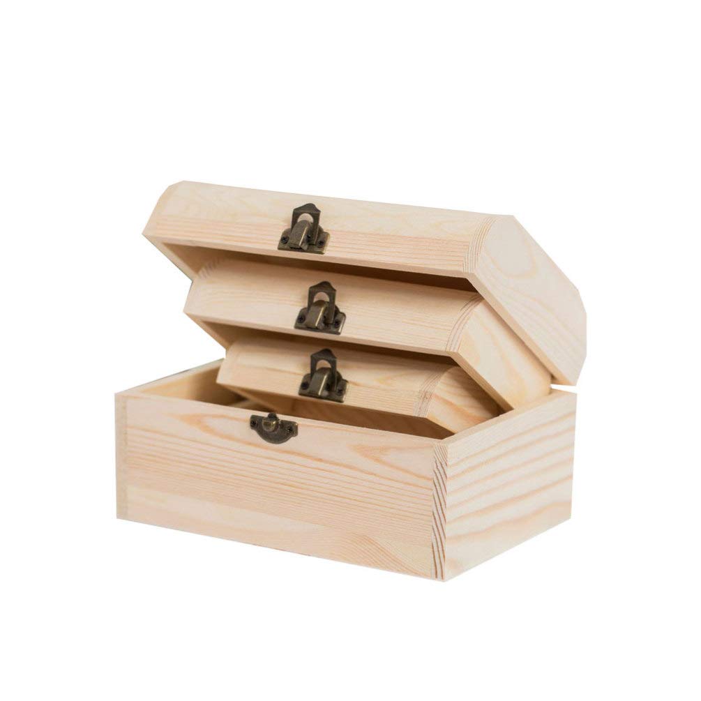 HEALLILY1 Set/3pcs Wooden Plain Boxes Unfinished Wood Cases DIY Arched Jewelry Treasure Boxes Multi-Function Storage Chest Trinket Lock Cases