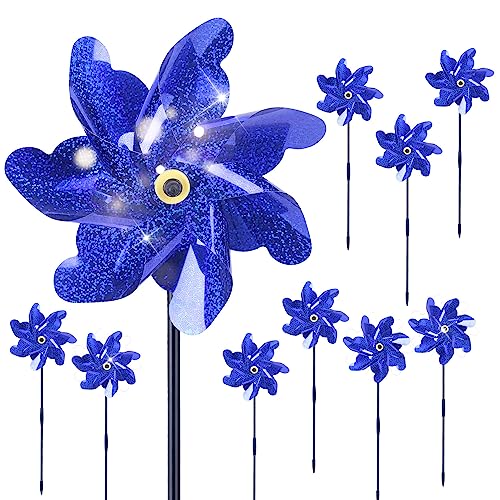 BATTIFE Reflective Pinwheels for Yard and Garden Pre-Installed Sparkly Blind Birds Pin Wheel Scare Birds & Animal Away Wind Spinner 10 Pack (Blue)