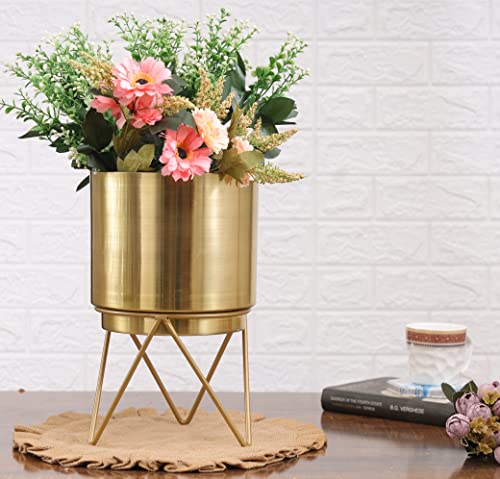 HomeShastra® Elle Gold Metal Planter with Stand | 12 Inch (Height) by 7 Inch (Dia) | Planters for Living Room, Bedroom Dec (Pack of 1)