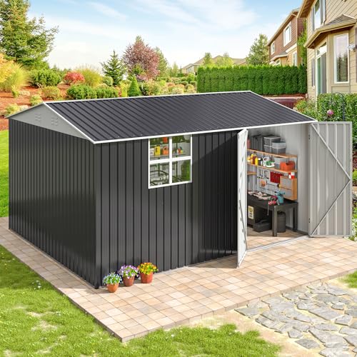 AirWire 10X12 FT Outdoor Storage Shed, Metal Garden Shed with Updated Lockable Doors and Frame Structure, Large Tool Sheds for Backyard Garden Patio Lawn,Black
