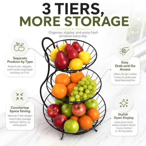 Image of Homeor Counter Top 3-TierFruit & Vegetable Basket For Dining Table, Centre Table I Metal Fruit Bowl or Bread Basket Vegetables Storage Organizer Holder I Multi-Purpose Basket for Kitchen & Home, Black