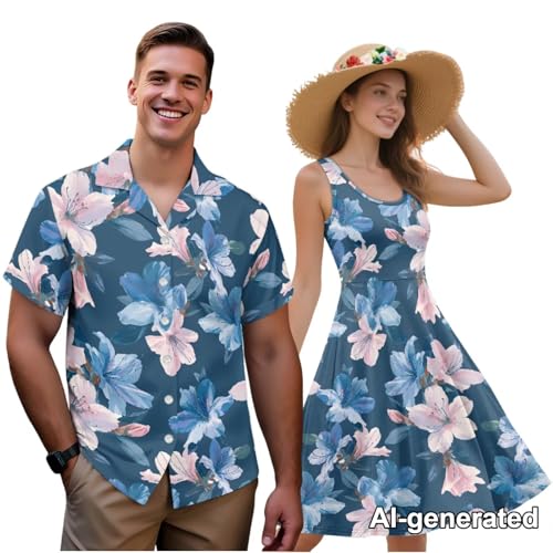 Image of Hawaii Matching Couple Outfits Husband and Wife Clothing Fashionable Mens Casual Shirts Hawaii Dress with Soft Fabric