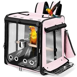 Suertree Bird Carrier with Seat Belt for Car Travel, Bird Backpack Carrier with Indestructible Stainless Steel Mesh, Large Bird Carrier Travel Cage, Pink