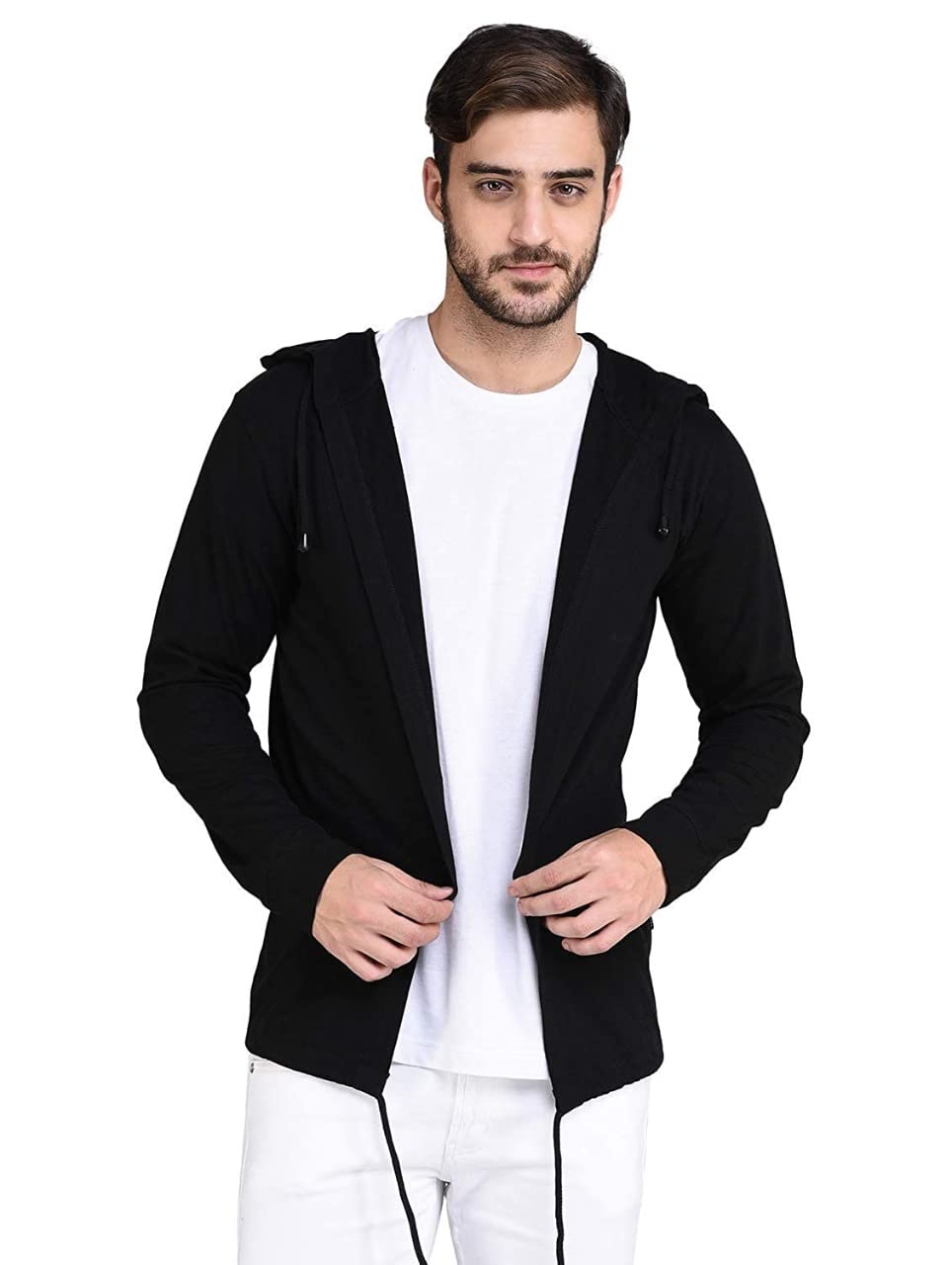rigo Men Black Hooded Long Sleeves Cotton Slim Fit Open Long Cardigan | Full Sleeves Shrug for Men-picture-11