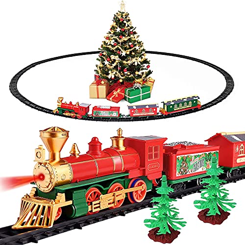 Train Set with Light & Sound,Train Set with Round Shape Tracks Under Tree,Electric Toy Train Set for Boys and Girls Toddler