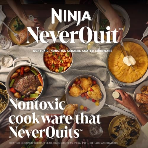 Ninja NeverQuit™ 6-Piece Ceramic Cookware Set, Bone & Silver, CQ19006IV2 | Nontoxic¹, nonstick ceramic-coated cookware set; 1.5qt & 2.5qt saucepan, 6qt stock pot, glass LayFlat™ lids, 3-year guarantee - image 2
