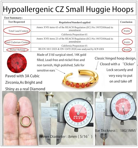 Image of Hypoallergenic Unisex Surgical Steel Small Cubic Zirconia Huggie Hoop Earring, Color Gold - Silver - Rose Gold - Black - Rainbow, Size 6mm- 12mm Safe for Sensitive Ear