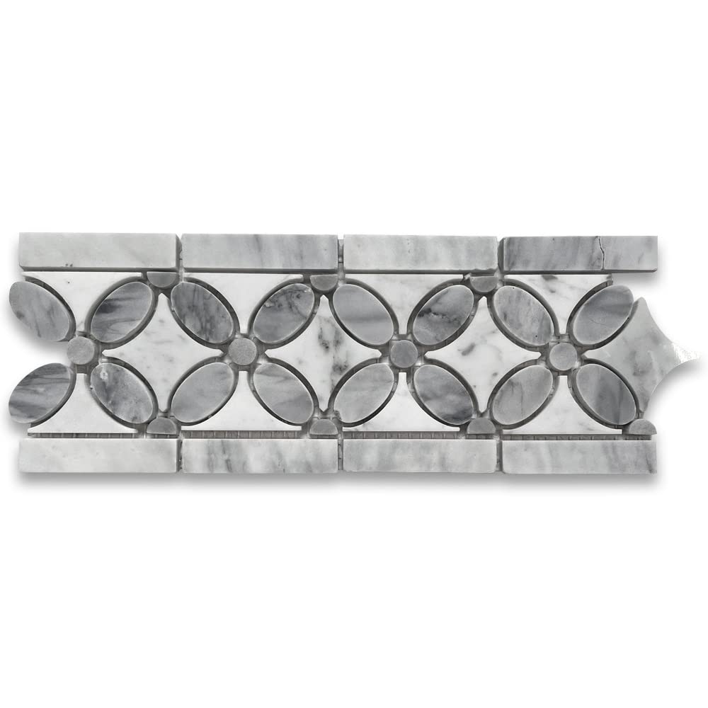 Stone Center Online Carrara White Marble Flower Mosaic Border Listello Tile  w/ Bardiglio Gray Polished Kitchen Bath Wall Floor Backsplash Shower (1  Sheet) - - Amazon.com