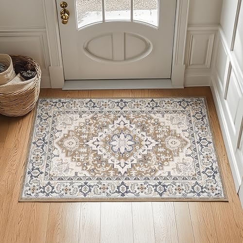 Lofus 2x3 Washable Rug for Entryway Bathroom, Non Slip Kitchen Mats for Floor, Vintage Soft Door Mat Indoor Entrance, Small Area Rugs, Farmhouse Carpet for Entry Living Room Bedroom, Floral Brown