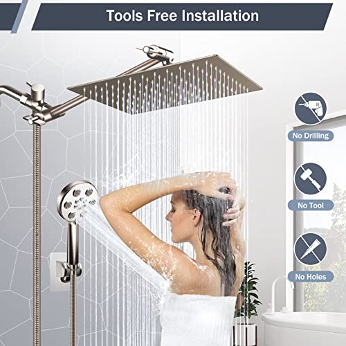 Shower Head Brushed Nickel, 10" High Pressure Rain Shower Head And 6 Spray Settings Handheld Shower Head Combo, Built-In Power Wash, With 11’’ Extension Arm/60" Hose, Height/Angle Adjustable #TOP6