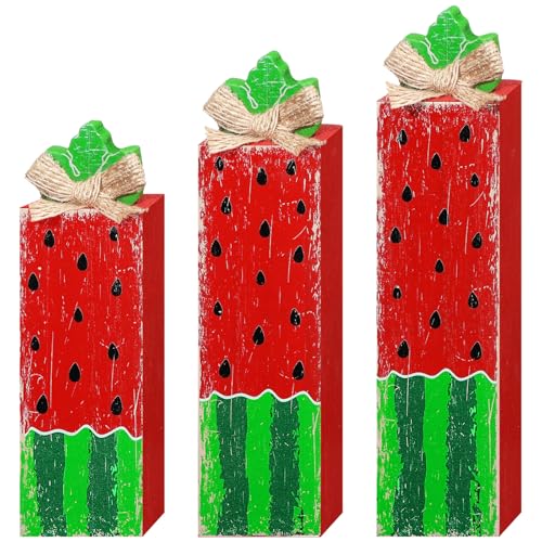 Miniinflat 3 Pcs Watermelon Table Decor Summer Watermelon Tiered Tray Decor Wooden Block Sign Rustic Farmhouse Tabletop Centerpieces Fruit Themed Party Decoration for Home Shelf Kitchen Office Desk