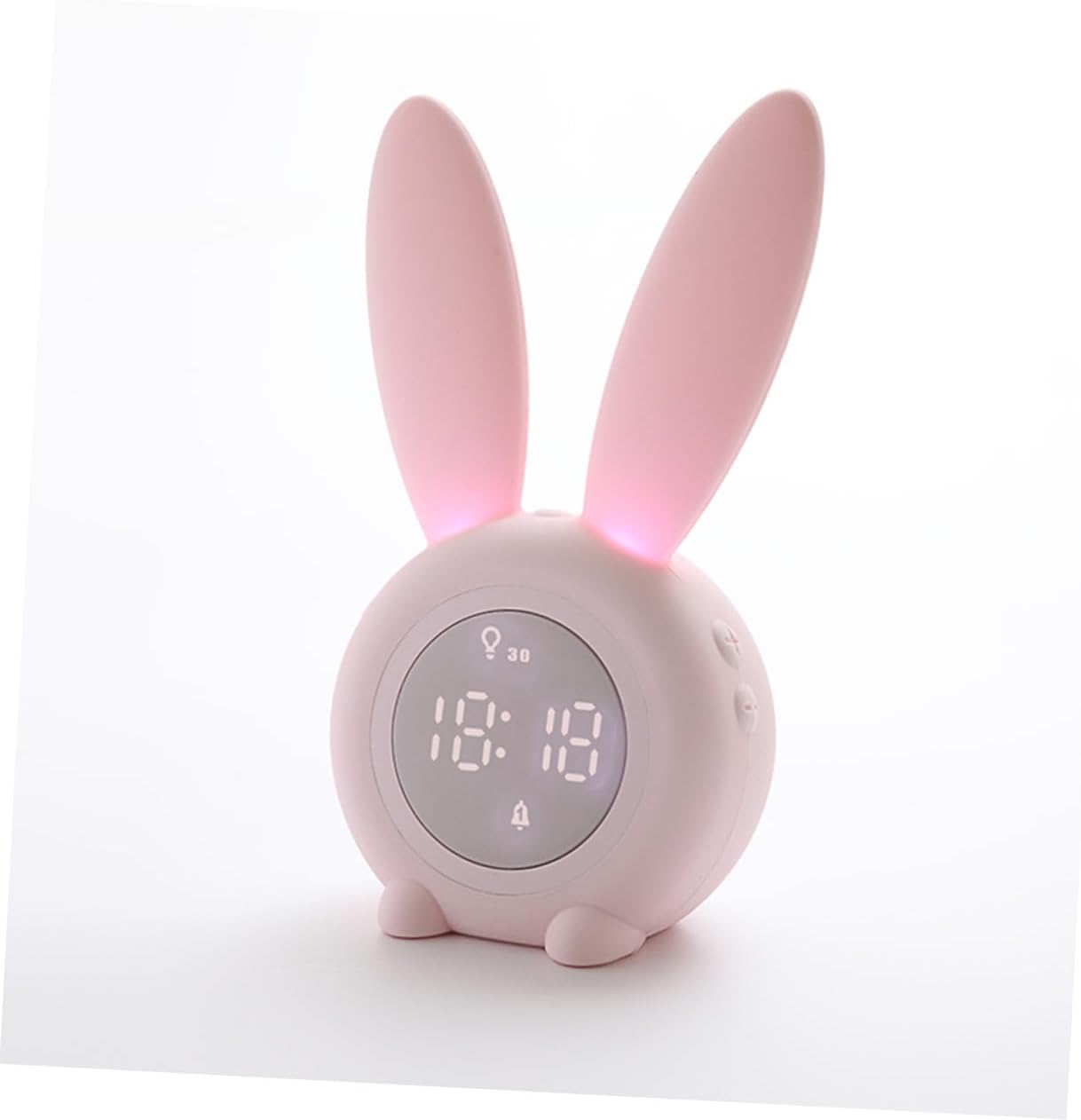 Cute Bunny Ear LED Alarm Clock with USB Rechargeable Battery Small Desktop Night Light with Magnetic Hanging Voice Control and Snooze for Home Decor Pink