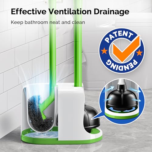 Image of HAMITOR Toilet Plunger Bowl Brush Combo：Heavy Duty Rubber for Drain Clog Remover - Curved Design Bristles for Deep Cleaning Under Rim - Compact Bathroom Cleaning Tools for New Homet Essentials-Green