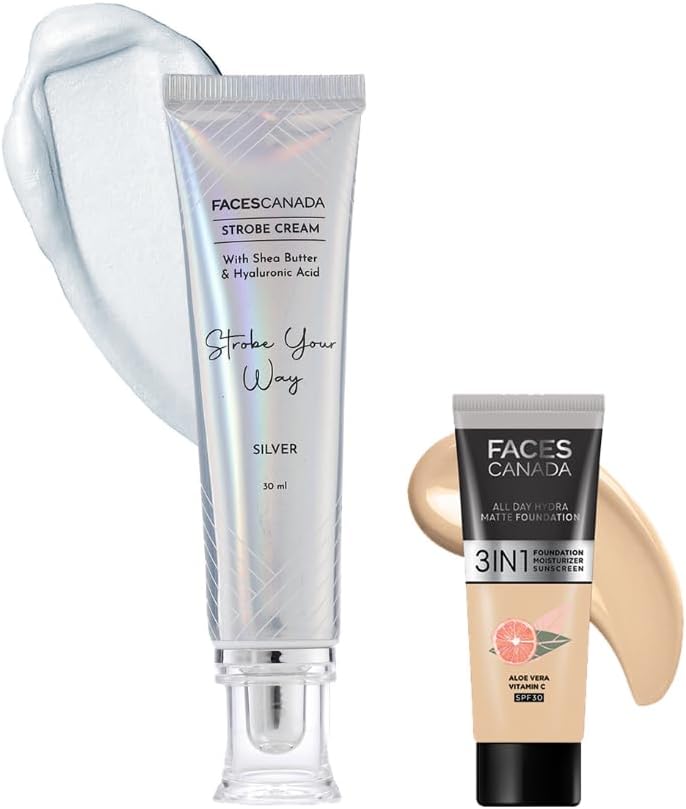 FACESCANADA Celeb Glow Kit | Silver Strobe Cream (30Ml) + Absolute Ivory All Day Hydra Matte Mini Medium Coverage Foundation (15Ml) | Makeup Kit For Women (Combo Pack Of 2)