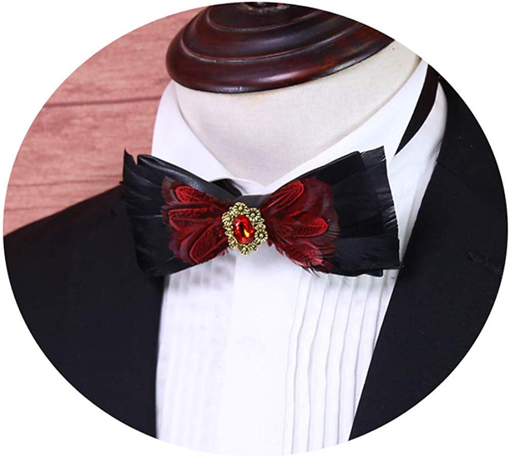 Pre-Tied Peacock Bow Tie Diamond Feathers Bowtie Adjustable Length Necktie