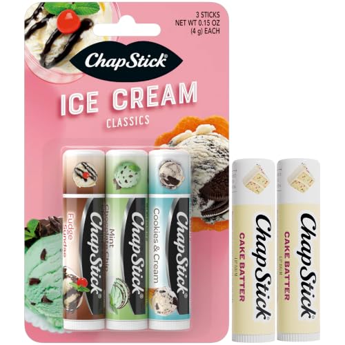 ChapStick Lip Balm Set, Ice Cream Flavors + Cake Batter, 0.15 Oz Ea | Ice Cream Classics Birthday Gift Pack (Fudge Sundae, Mint Chocolate Chip, Cookies & Cream) + 2 Cake Batter | Party Favors