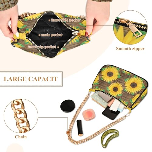 Vibrant Sunflowers Wooden Casual Purse Hobo Women Tote Handbags Colorful Aesthetic Shoulder Bag Zipper Closure4