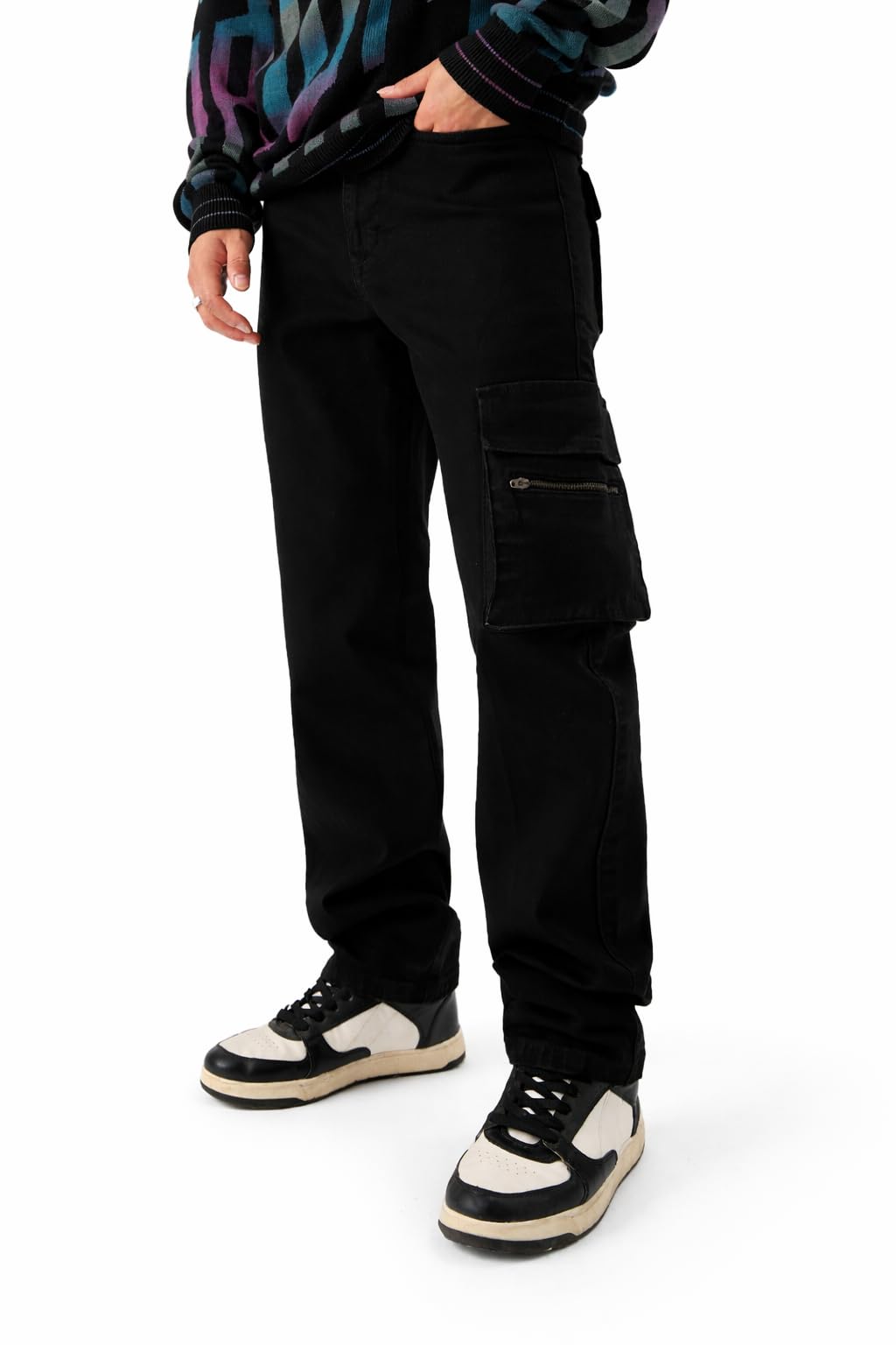 The Souled Store Solids: Black Men Cargo Jeans | Straight Fit Multi-Pocket Utility Pants | Premium Stretchable Cotton Denim | Durable & Stylish Casual Wear for Men in black