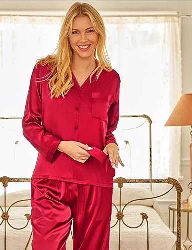 Image of SWOMOG Long Sleeve Pajamas Set Silk Satin Sleepwear Button Down Pjs Loungewear with Pocket