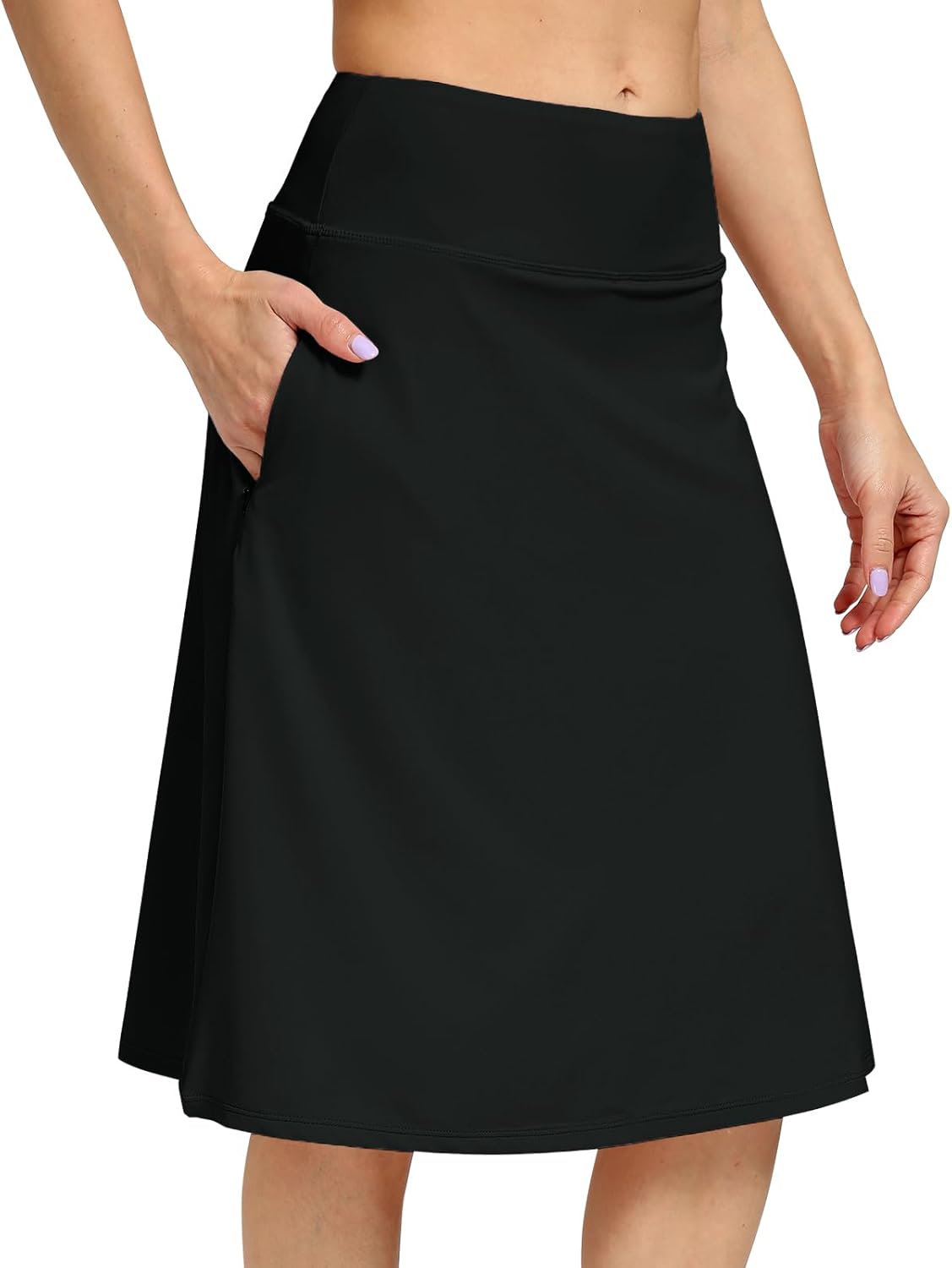 Womens Midi Knee-Length Skirt with Built-in Skorts Hidden Drawstring Zippered Pockets Appropriate for Working Casual Office