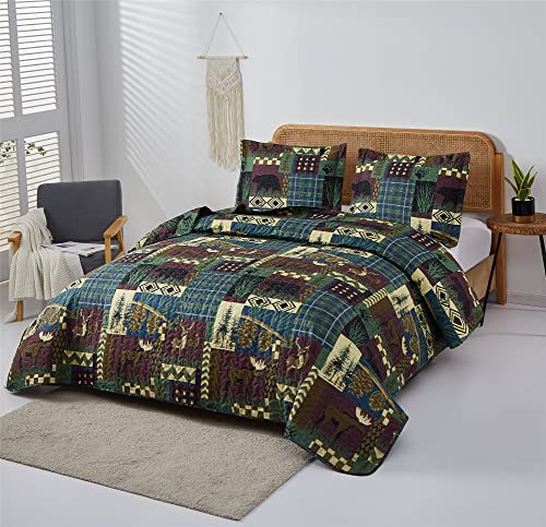 3 Piece Buffalo Plaid Black Red Moose Bear Reversible Quilt Set King,Rustic Home Lodge Cabin Lifestyle Moose Bear Pinetrees Bedspread Coverlet Bedding Set For All Season (King,Viridian) #TOP12