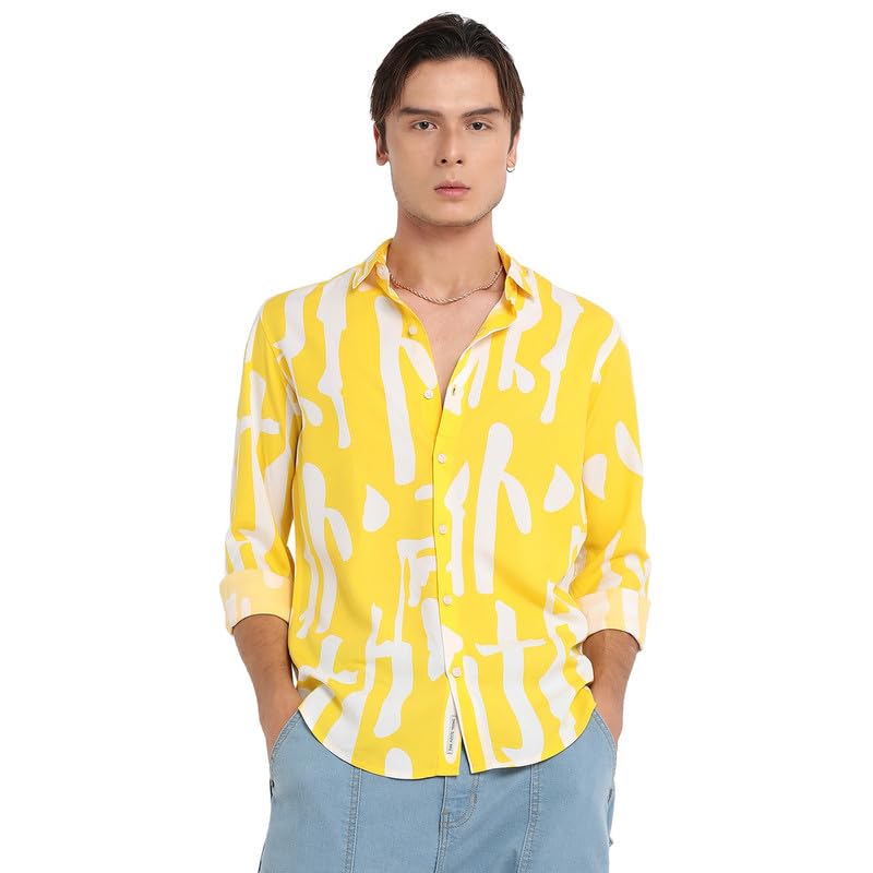 Image of CAHOOT Men's Lemon Yellow Abstract Print Shirt for Everyday Wear | Spread Collar | Button Closure | Long Sleeve | Heavy Rayon Shirt Crafted with Comfort Fit for Everyday Wear