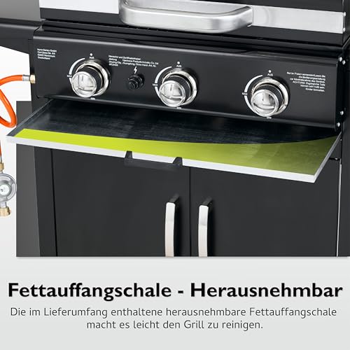 Foto von tepro Gasgrill Mayfield, 3 Brenner mit je ca. 3 kW Leistung, mit verchromten Grillrosten, Piezozündung, Thermometer, Maße ca. 127 x 58 x 103 cm, Schwarz
