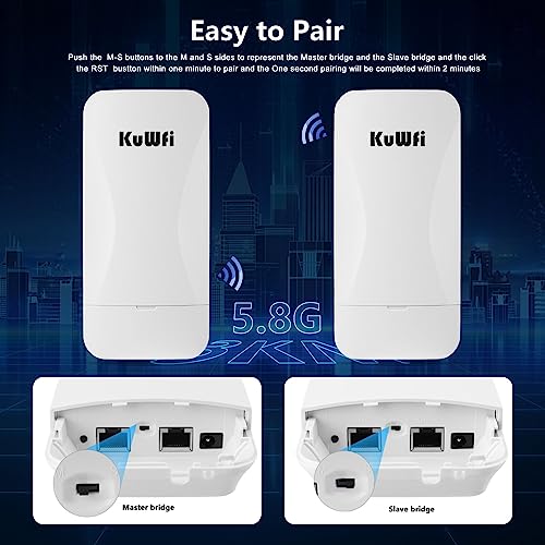 Image of KuWFi 5.8G Wireless Bridge, Point to Point Gigabit, 900Mbps, 3KM Range | 1Gbs LAN Ports Long Range CPE Bridge Network Extend Outdoor 1.86Miles to of Shop, Barn,Farm and CCTV Connection