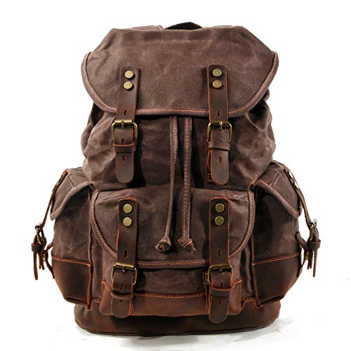 WUDON Men Travel Backpack, Genuine Leather-Waxed Canvas Shoulder Hiking Rucksack